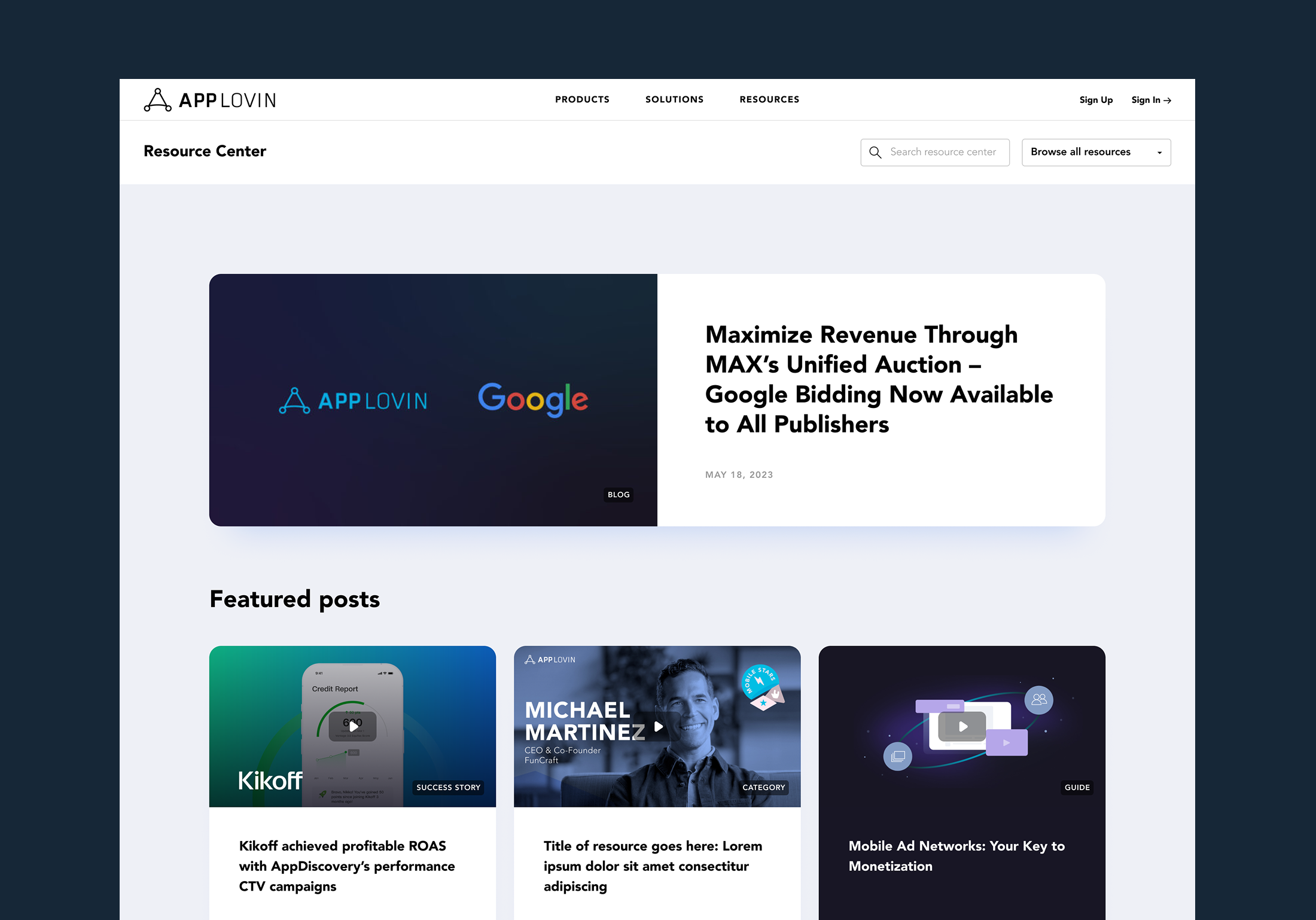 AppLovin Resource Center Homepage Design